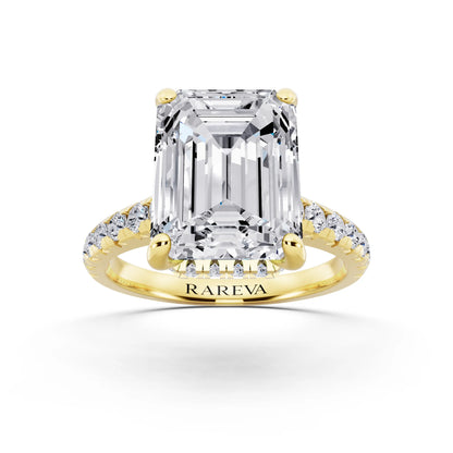 14 KT Yellow Gold Emerald Cut Diamond Ring with Hidden Halo - front view