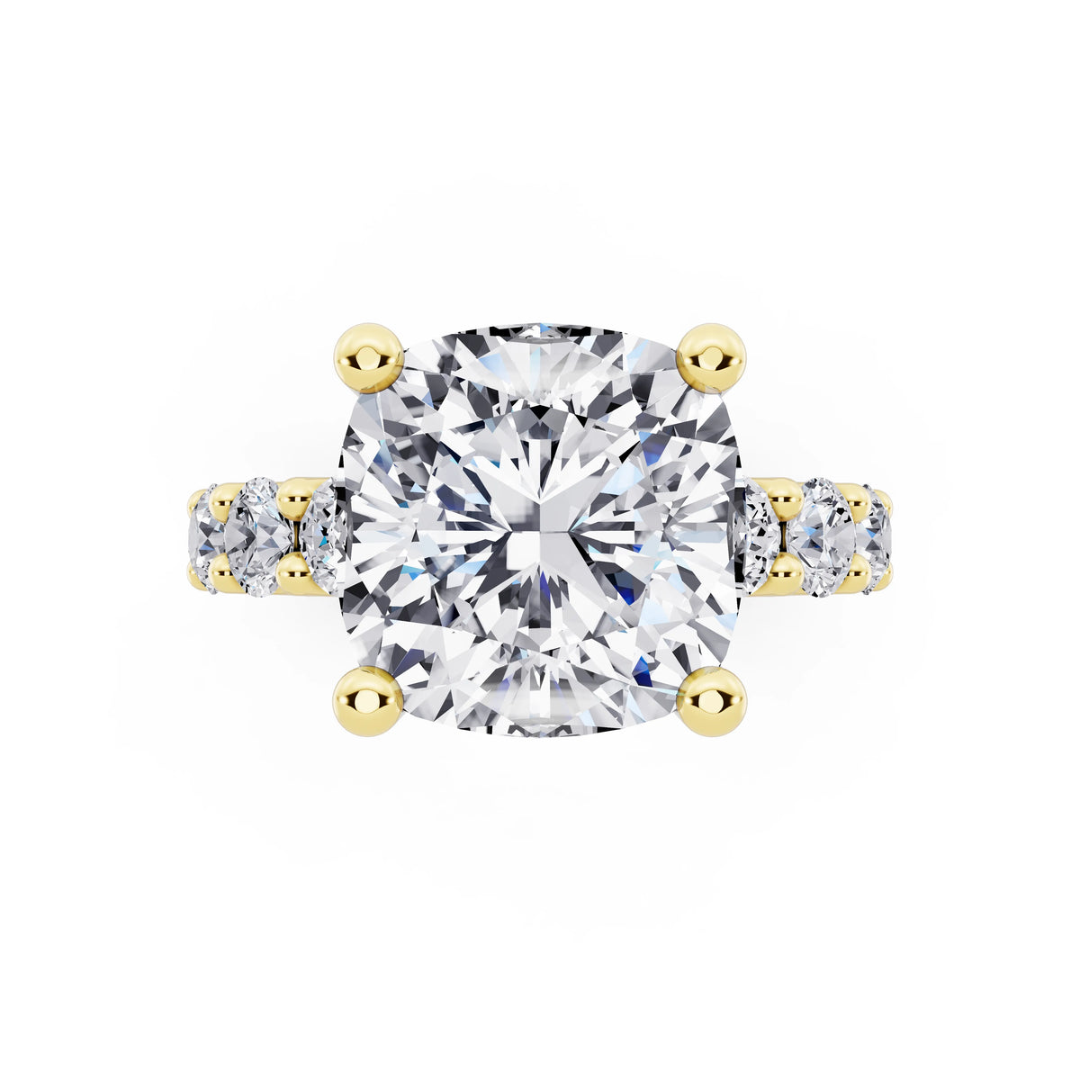 18 KT Yellow Gold Cushion Cut Diamond Ring with Shared Prong Eternity Band - top angle