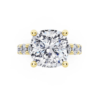 18 KT Yellow Gold Cushion Cut Diamond Ring with Shared Prong Eternity Band - top angle