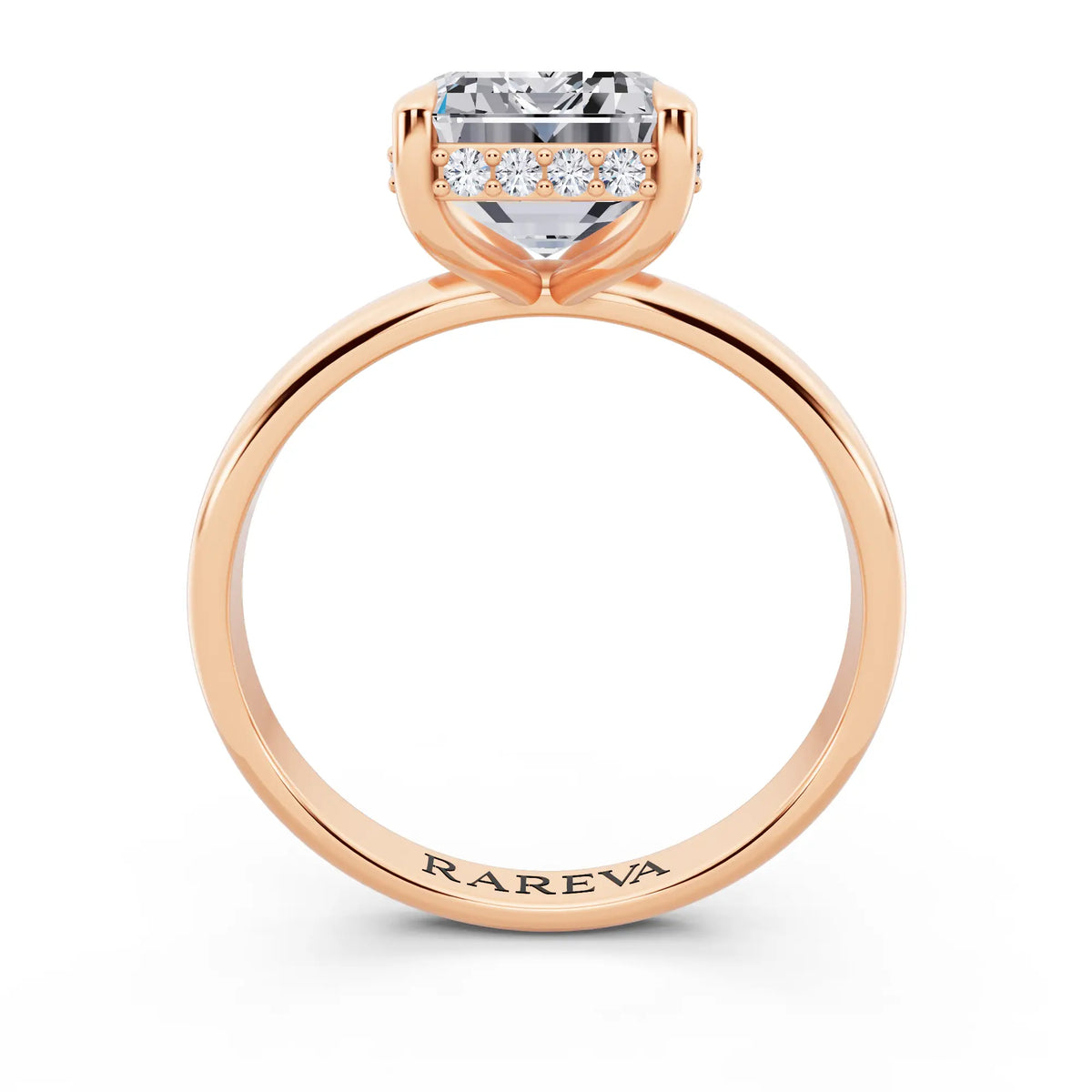 14 KT Rose Gold Emerald Cut Diamond Hidden Halo Solitaire Ring - through finger