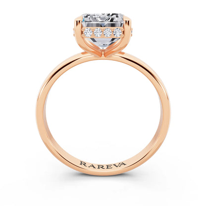 14 KT Rose Gold Emerald Cut Diamond Hidden Halo Solitaire Ring - through finger