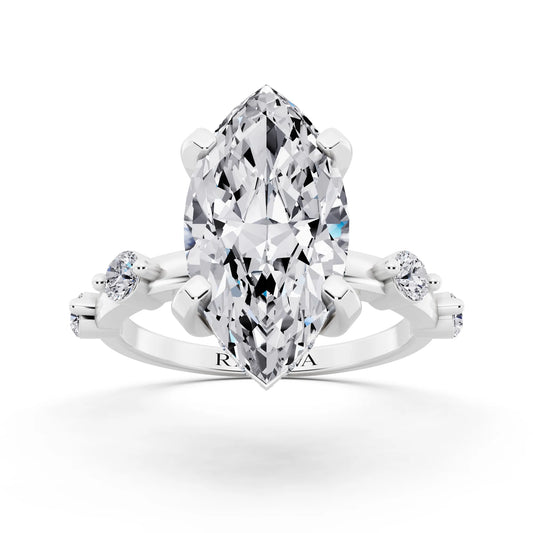 18 KT White Gold Marquise Cut Diamond Solitaire Ring with Floating Diamond Accents - front view