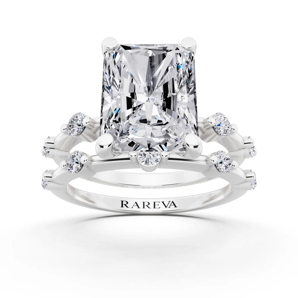 18 KT White Gold Radiant Cut Diamond Ring with Floating Accent Band - front view
