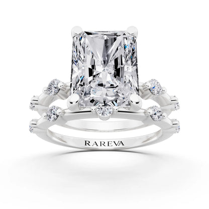18 KT White Gold Radiant Cut Diamond Ring with Floating Accent Band - front view