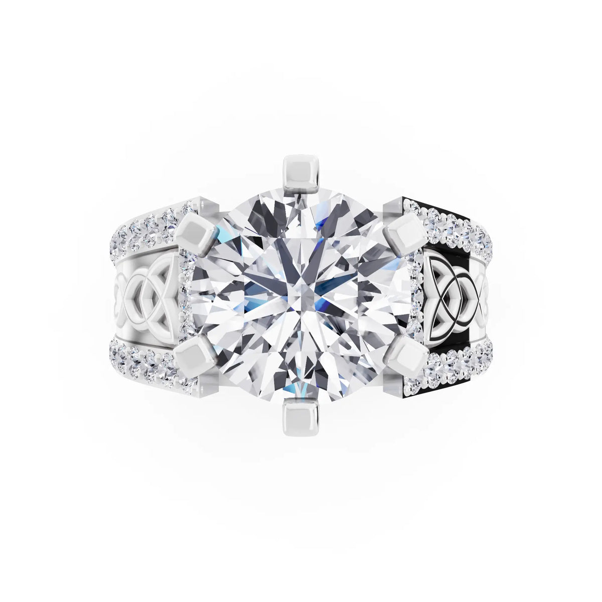 18 KT White Gold Round Cut Diamond Solitaire Ring with Celtic Knot Band - Top down
