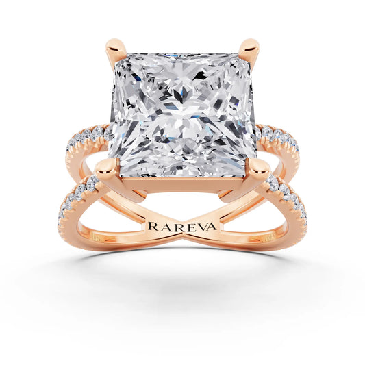 14 KT Rose Gold Princess Cut Diamond Ring with Twisted Split Shank - front view