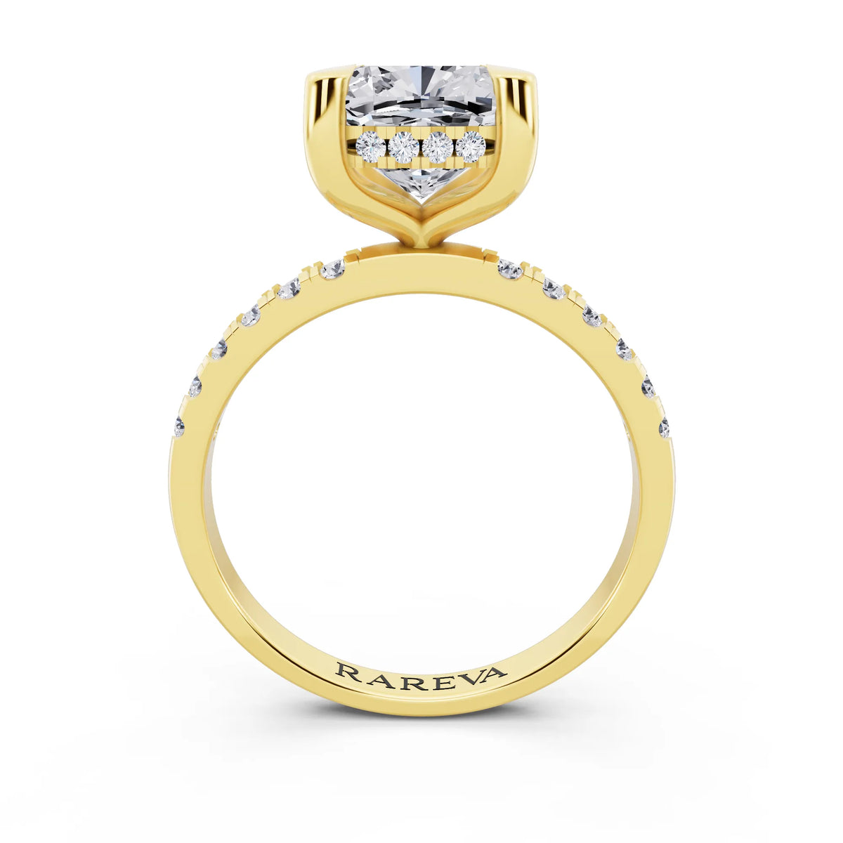 14 KT Yellow Gold Cushion Cut Diamond Solitaire Ring with Round Pavé Band and Prong Setting - through finger
