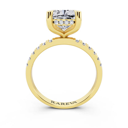 14 KT Yellow Gold Cushion Cut Diamond Solitaire Ring with Round Pavé Band and Prong Setting - through finger