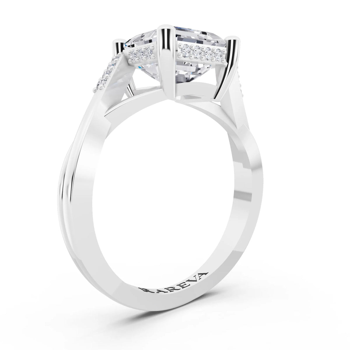 18 KT White Gold Asscher Cut Diamond Split Shank Engagement Ring with Hidden Halo - top view