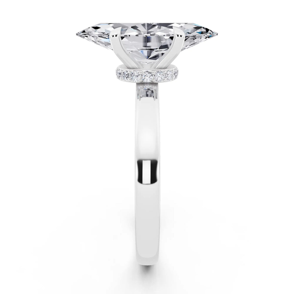 Platinum Marquise Cut Diamond Solitaire Ring with Pave Collar - side view