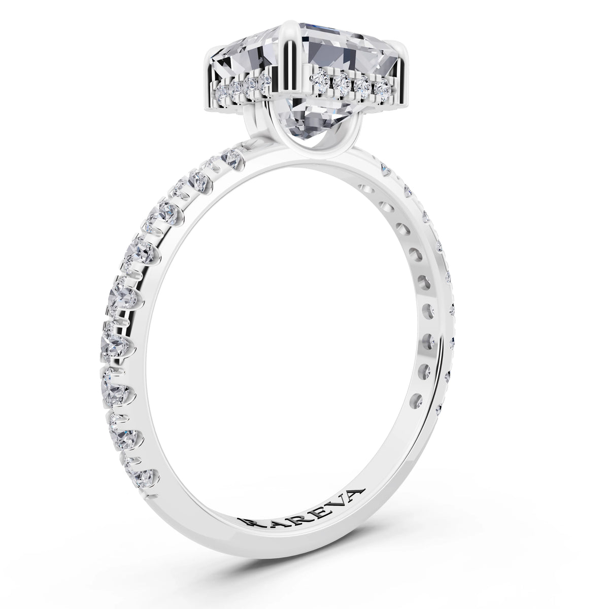 14 KT White Gold Asscher Cut Diamond Solitaire Ring with Hidden Halo and French Pave Band - top view