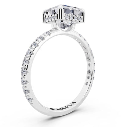 14 KT White Gold Asscher Cut Diamond Solitaire Ring with Hidden Halo and French Pave Band - top view