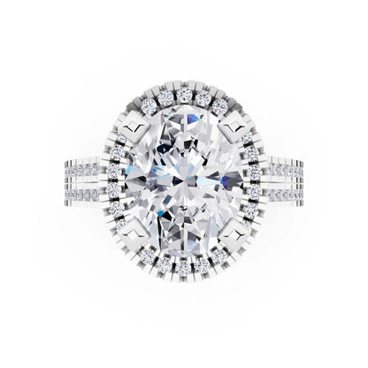 18 KT White Gold Oval Cut Diamond Halo Ring with Twin Pave Band - top angle