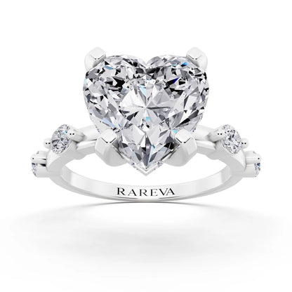 14 KT White Gold Heart Cut Diamond Solitaire Ring with Floating Diamond Accents - front view