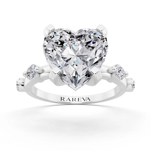 14 KT White Gold Heart Cut Diamond Solitaire Ring with Floating Diamond Accents - front view