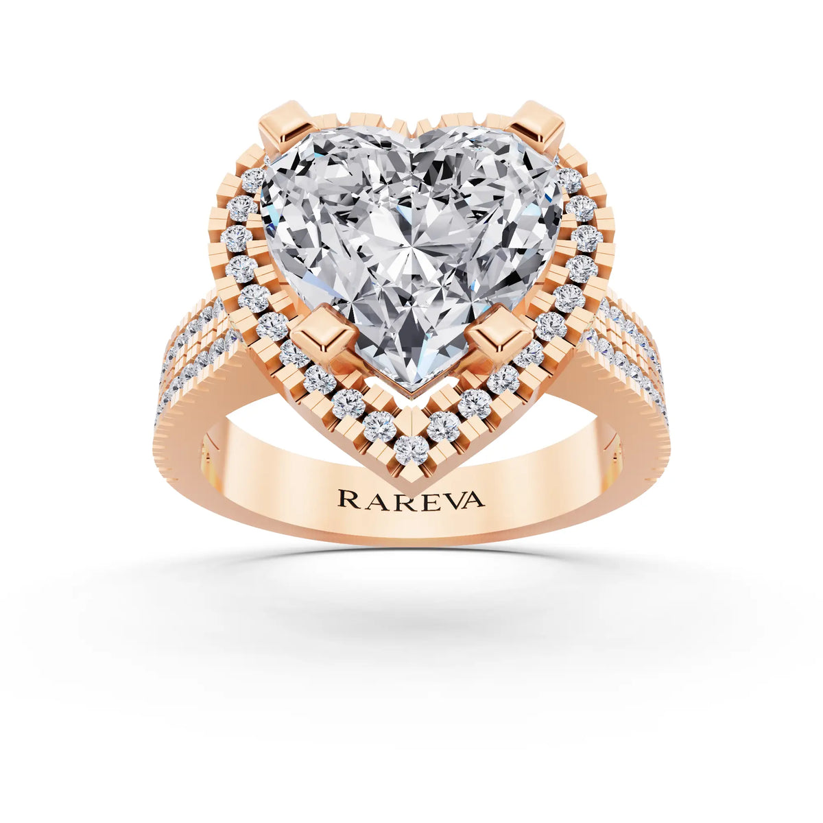 18 KT Rose Gold Heart Cut Diamond Halo Ring with Twin Pave Band - front view