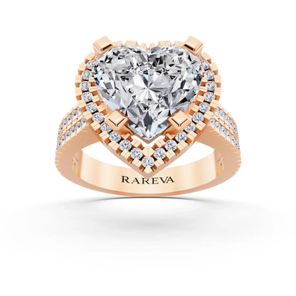 18 KT Rose Gold Heart Cut Diamond Halo Ring with Twin Pave Band - front view