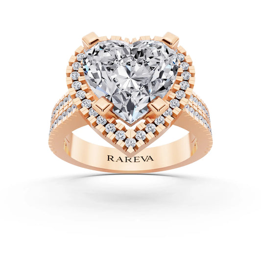 18 KT Rose Gold Heart Cut Diamond Halo Ring with Twin Pave Band - front view