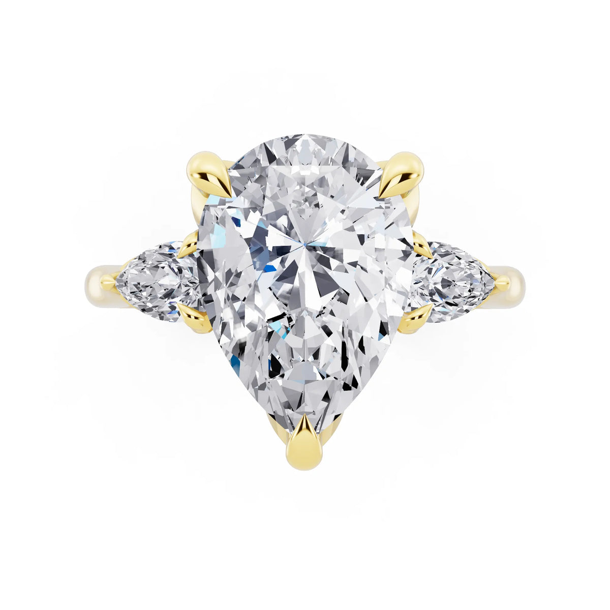 18 KT Yellow Gold Pear Cut Diamond Cluster Engagement Ring with Pear Accents and Pavé Band - top angle