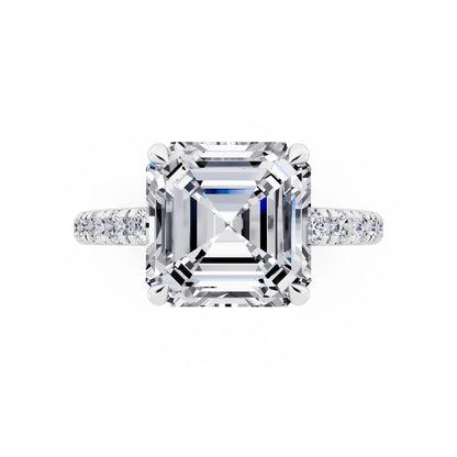 14 KT White Gold Asscher Cut Diamond Solitaire Ring with Hidden Halo and French Pave Band - top angle