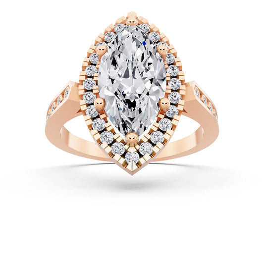 14 KT Rose Gold Marquise Cut Diamond Halo Ring with Bezel Accent Band - front view