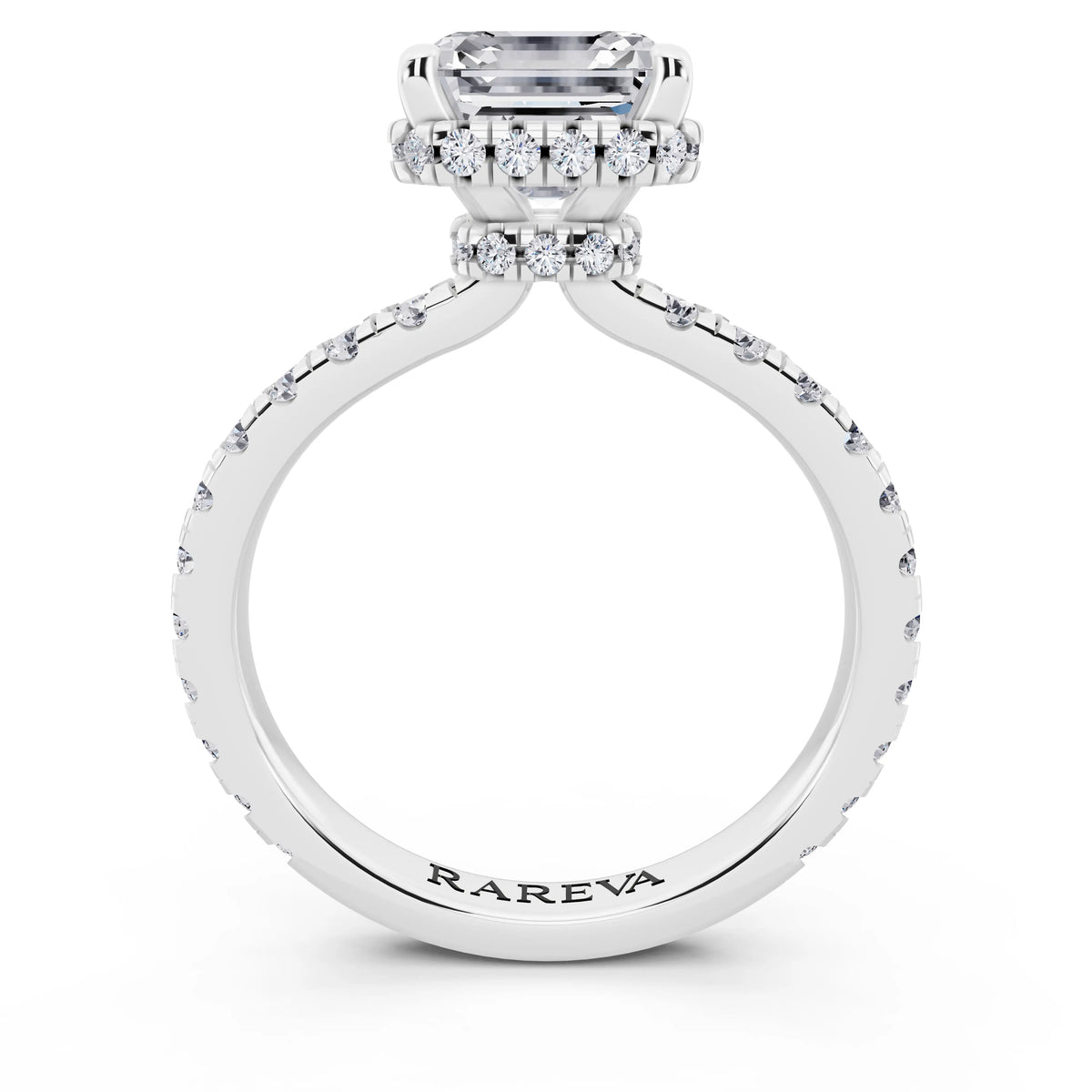 14 KT White Gold Asscher Cut Diamond Hidden Halo Ring with Pave Band - through finger