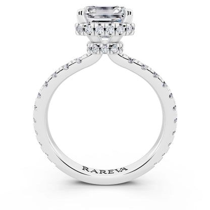 14 KT White Gold Asscher Cut Diamond Hidden Halo Ring with Pave Band - through finger
