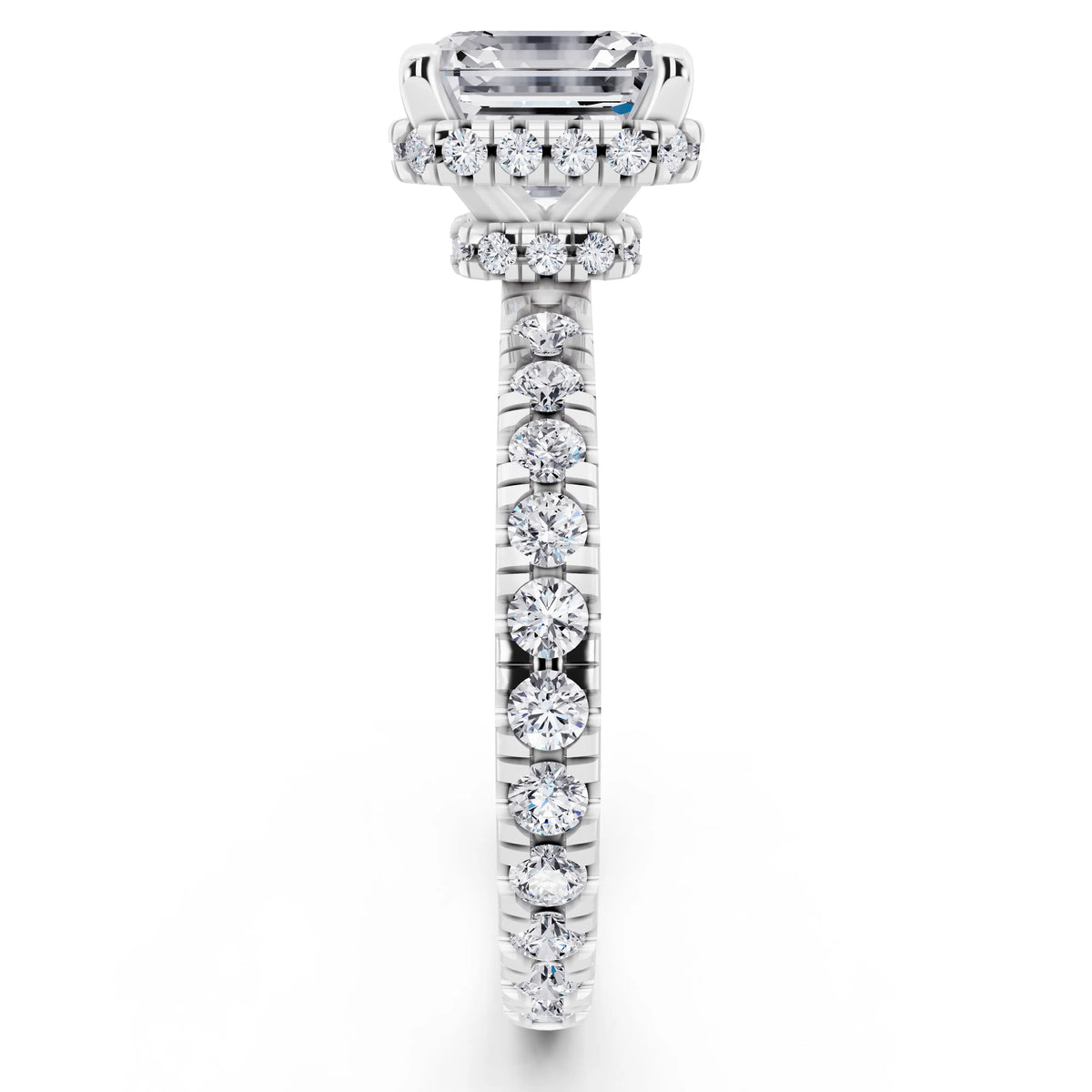 14 KT White Gold Asscher Cut Diamond Hidden Halo Ring with Pave Band - side view