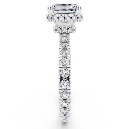 14 KT White Gold Asscher Cut Diamond Hidden Halo Ring with Pave Band - side view