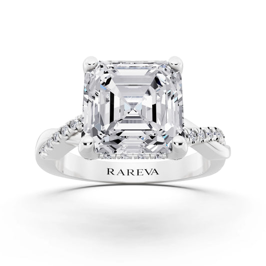 Platinum Asscher Cut Diamond Hidden Halo Ring with Twisted Pave Band - front view