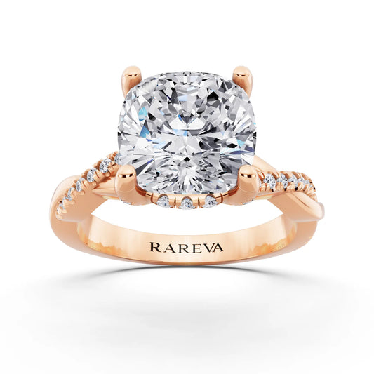 18 KT Rose Gold Cushion Cut Diamond Hidden Halo Ring with Twisted Pave Band - front view