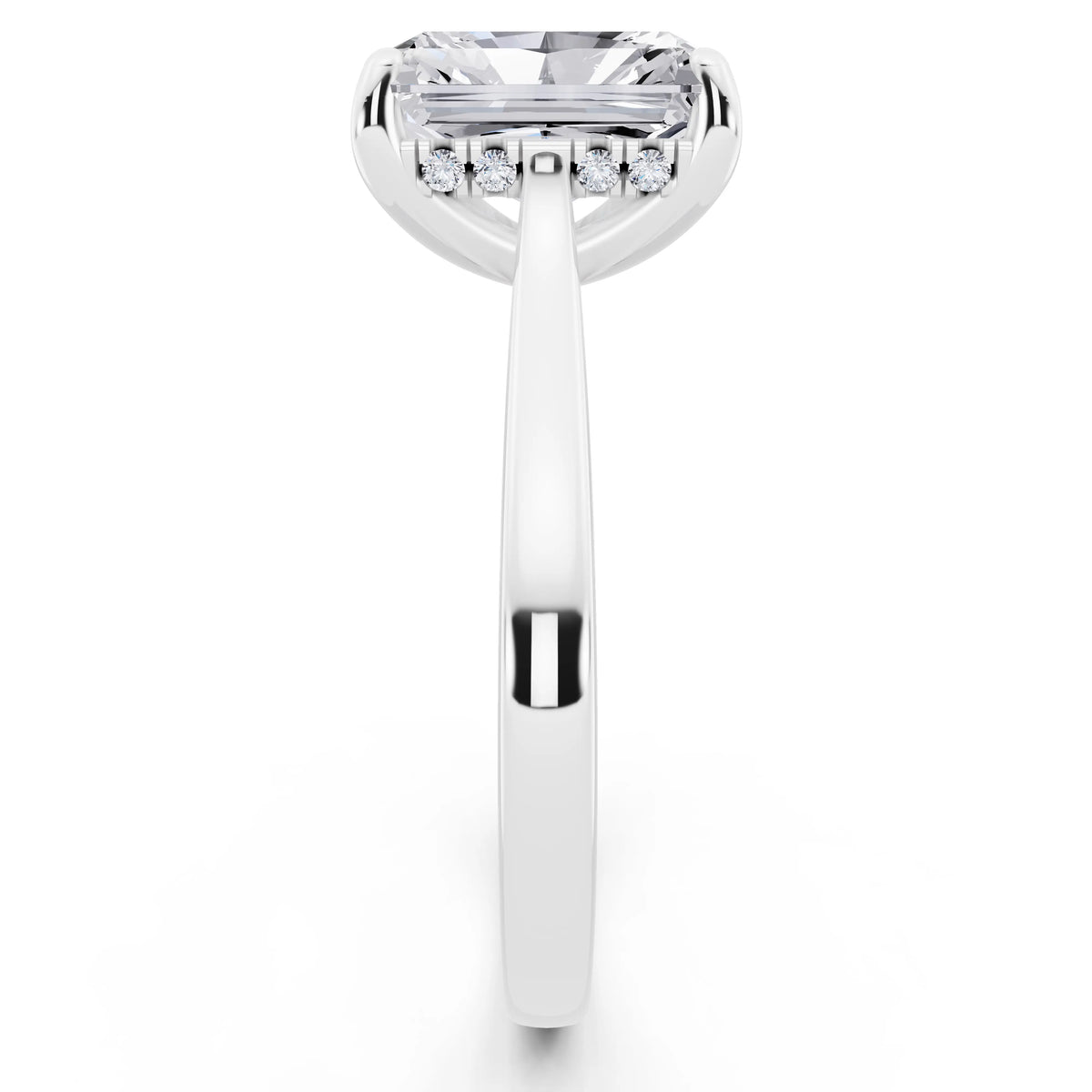 18 KT White Gold Radiant Cut Diamond Solitaire Ring with Cathedral Band - side view