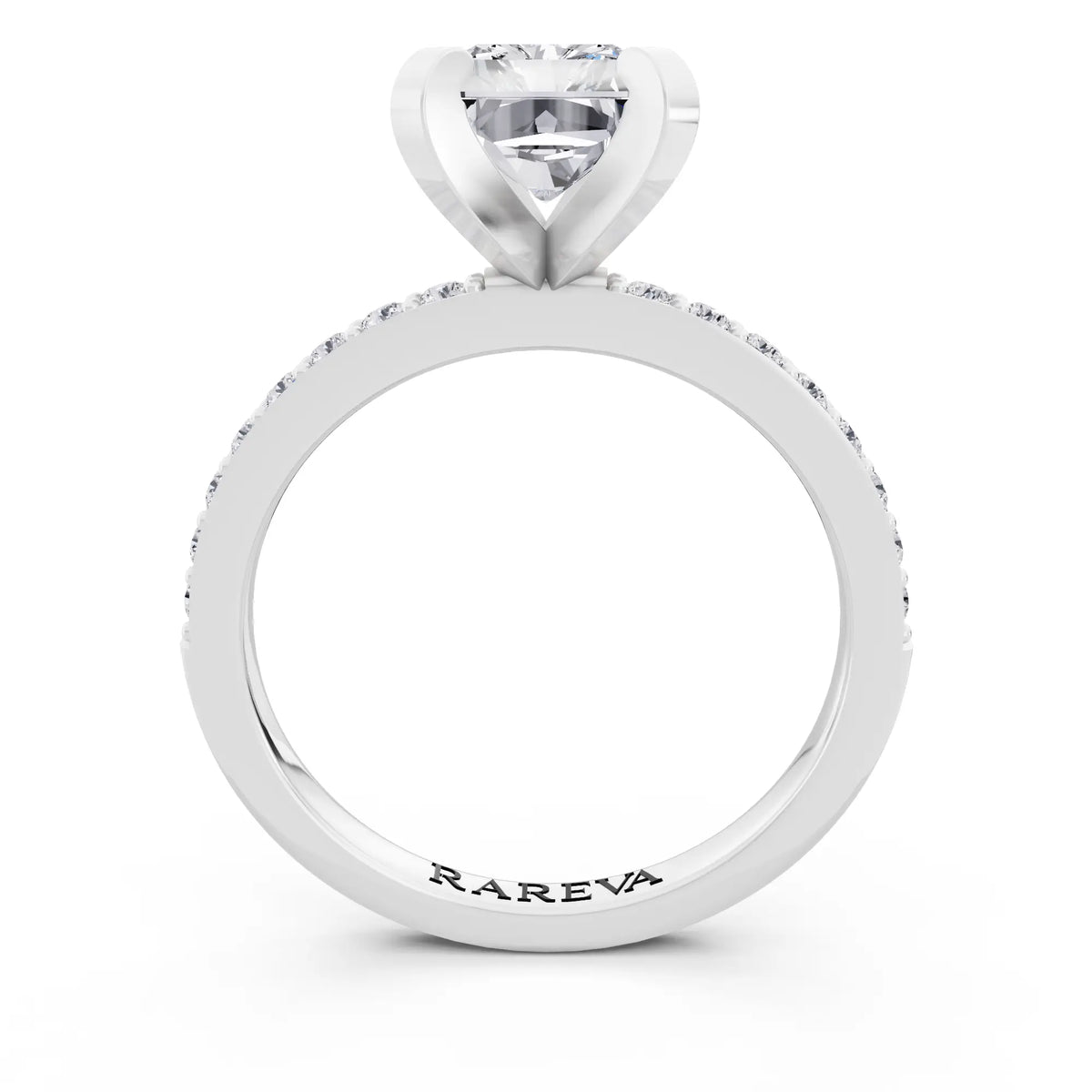 14 KT White Gold Radiant Cut Diamond Solitaire Ring with Pave Shank - through finger