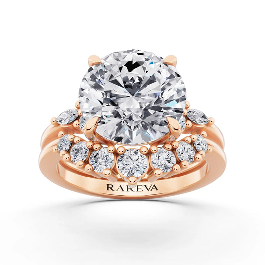 18 KT Rose Gold Round Cut Diamond Ring with Curved Cluster Band - front view