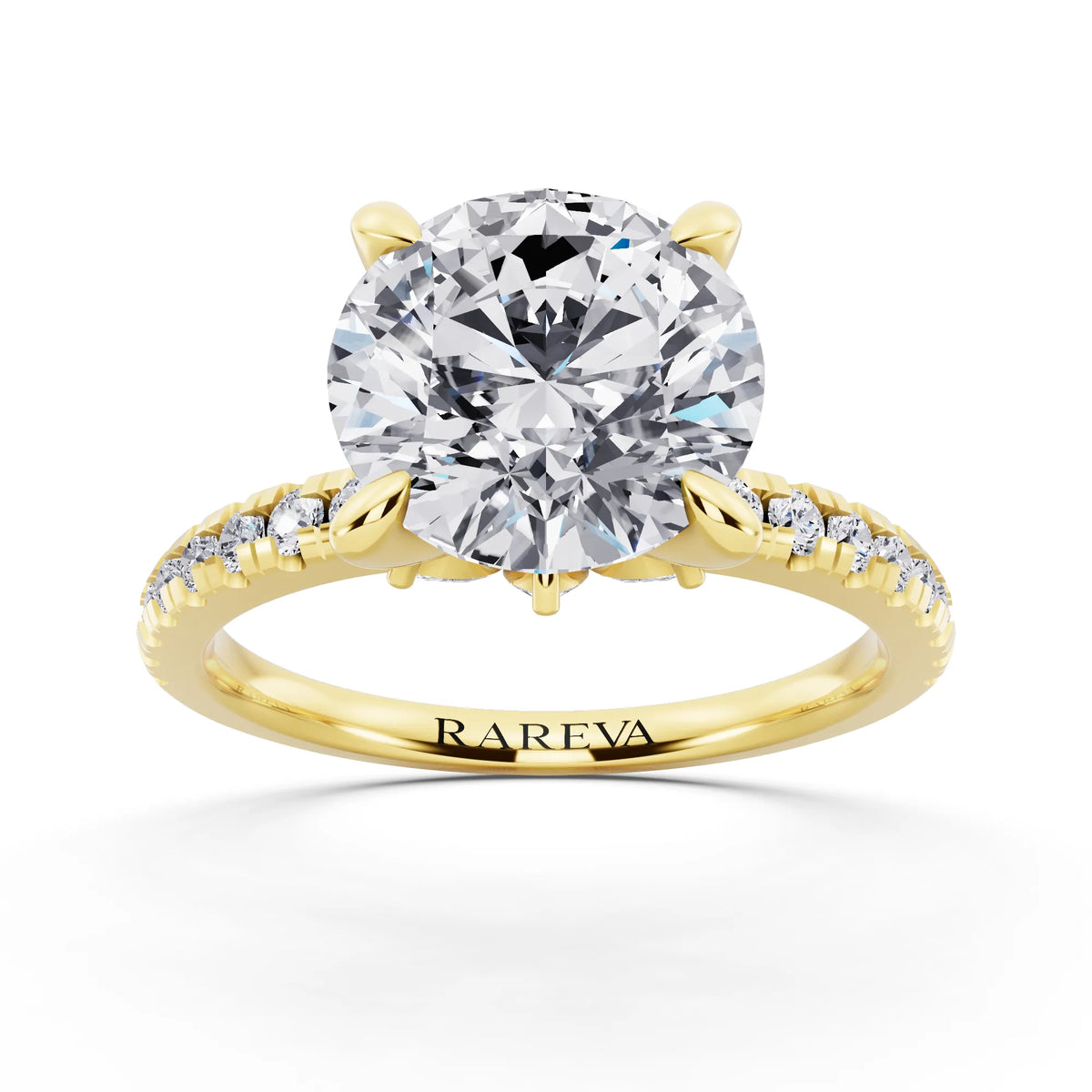 18 KT Yellow Gold Round Cut Diamond Solitaire Ring with Marquise Collar - front view