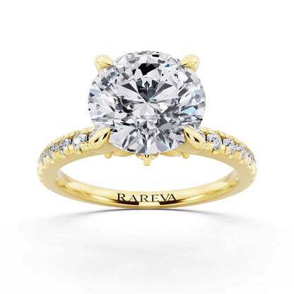 18 KT Yellow Gold Round Cut Diamond Solitaire Ring with Marquise Collar - front view