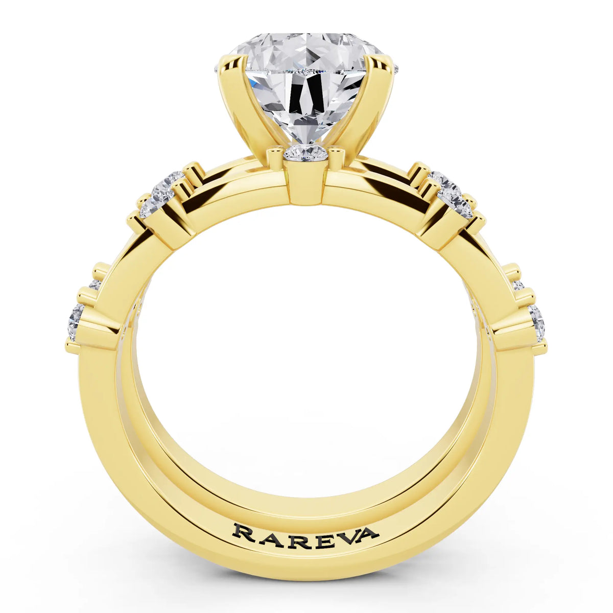 14 KT Yellow Gold Pear Cut Diamond Ring with Floating Accent Band - through finger