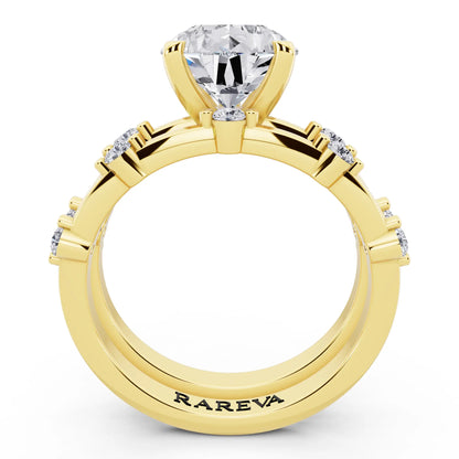 14 KT Yellow Gold Pear Cut Diamond Ring with Floating Accent Band - through finger