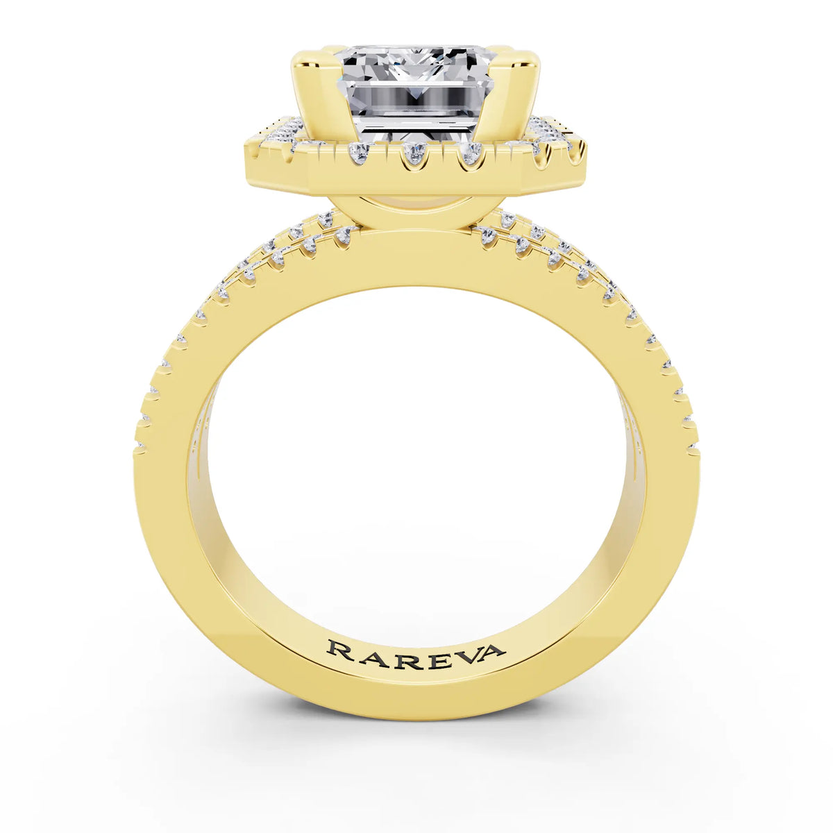 14 KT Yellow Gold Emerald Cut Diamond Halo Ring with Pave Split Shank - through finger