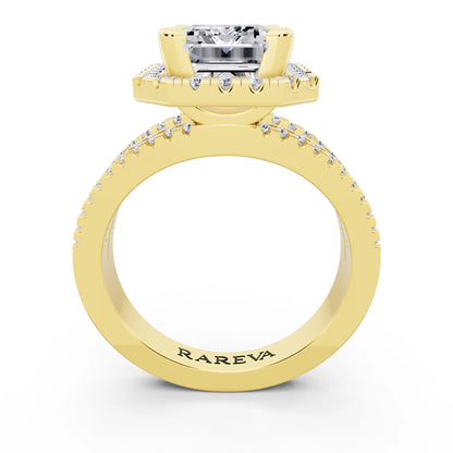 14 KT Yellow Gold Emerald Cut Diamond Halo Ring with Pave Split Shank - through finger