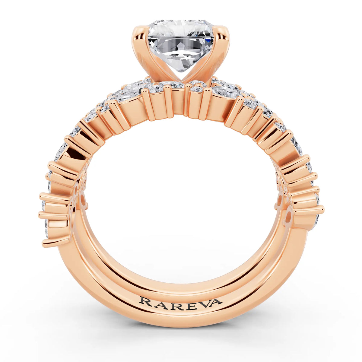 18 KT Rose Gold Radiant Cut Diamond Ring with Marquise Cluster Band - through finger