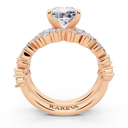 18 KT Rose Gold Radiant Cut Diamond Ring with Marquise Cluster Band - through finger