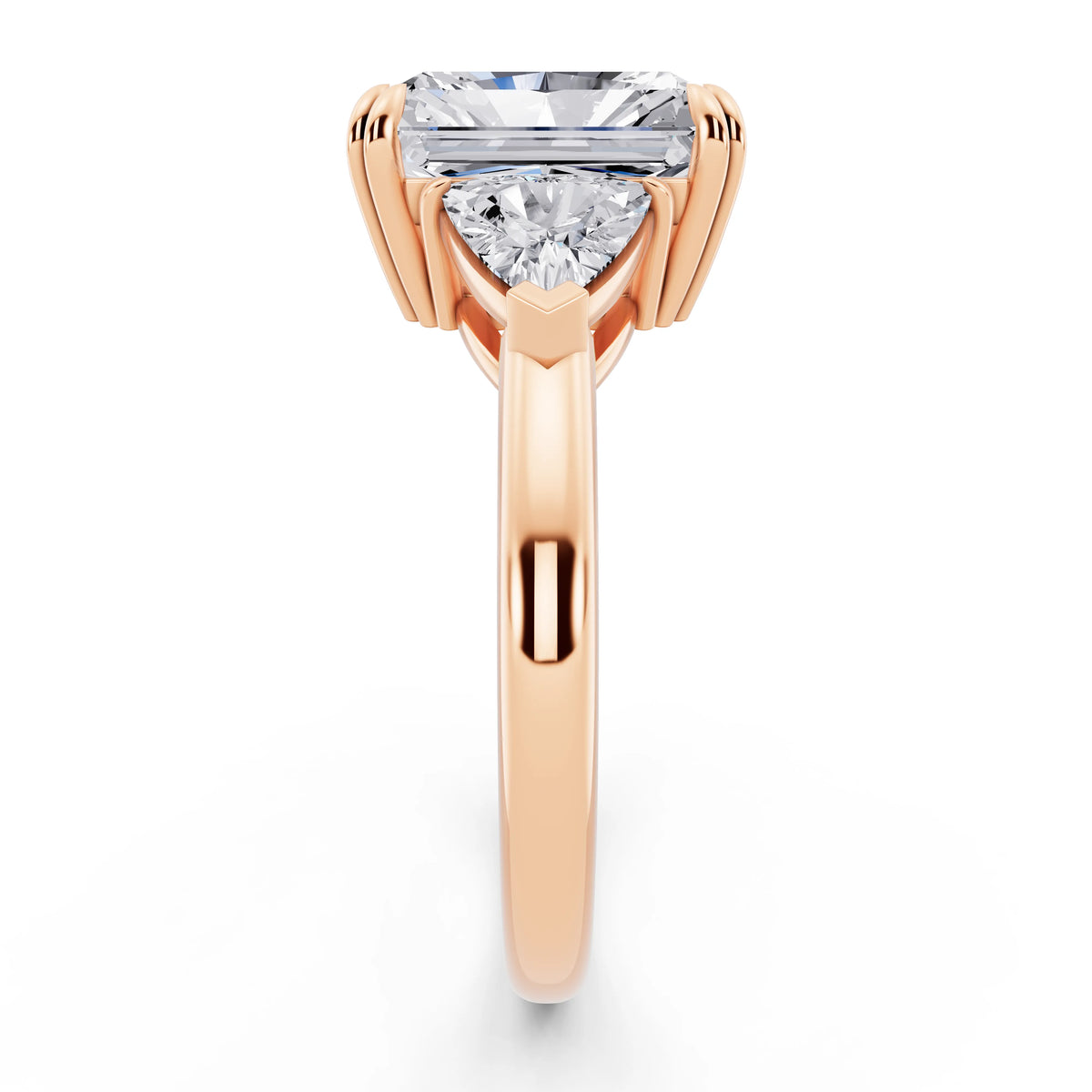 18 KT Rose Gold Radiant Cut Diamond Three Stone Ring with Trillion Accents - side view
