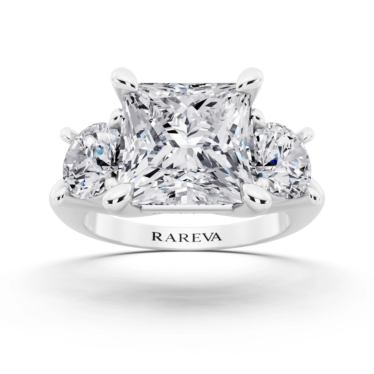14 KT White Gold Princess Cut Diamond Three Stone Ring with Round Accents - front view