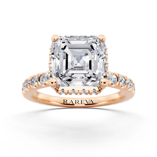 14 KT Rose Gold Asscher Cut Diamond Hidden Halo Ring with Pave Band - front view