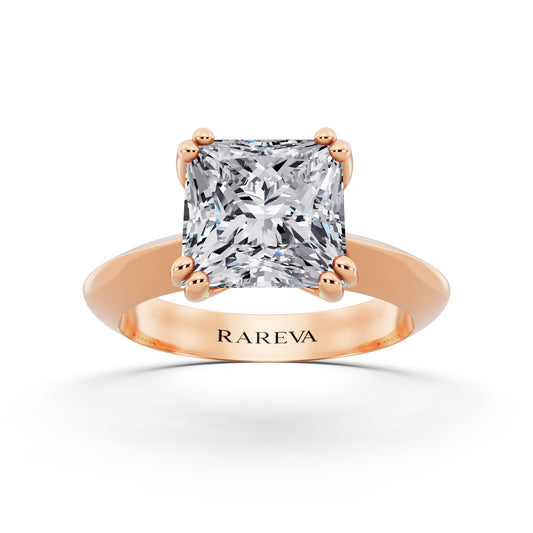18 KT Rose Gold Princess Cut Diamond Solitaire Ring with Knife Edge Band - front view