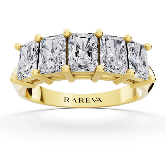 14K Yellow Gold Five Stone Radiant Cut Diamond Half Eternity Wedding Band - 2.5mm - Front