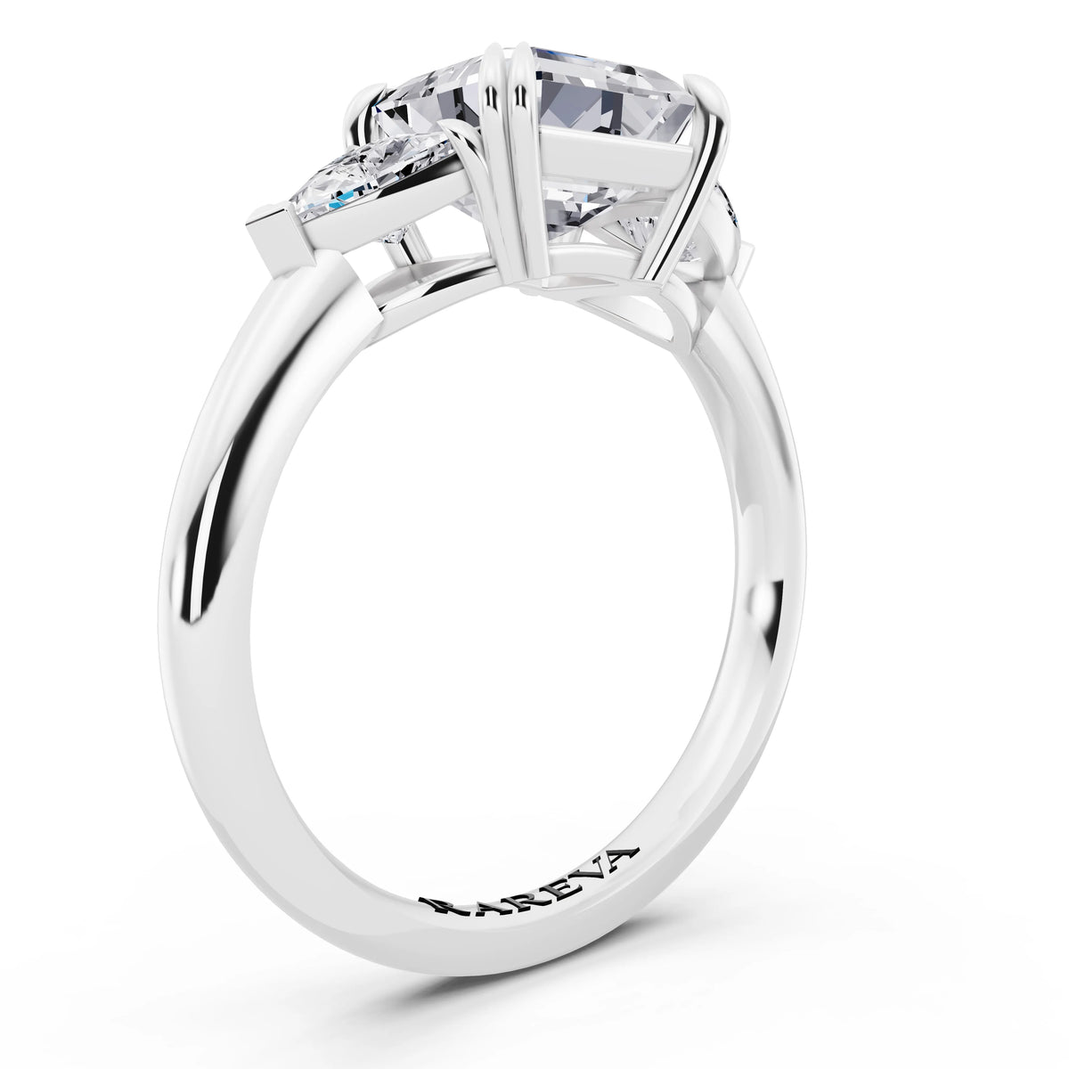 18 KT White Gold Asscher Cut Diamond Three Stone Ring with Trillion Accents - top view