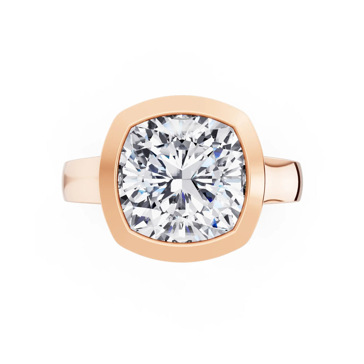 14 KT Rose Gold Cushion Cut Diamond Bezel Set Solitaire Ring - top angle