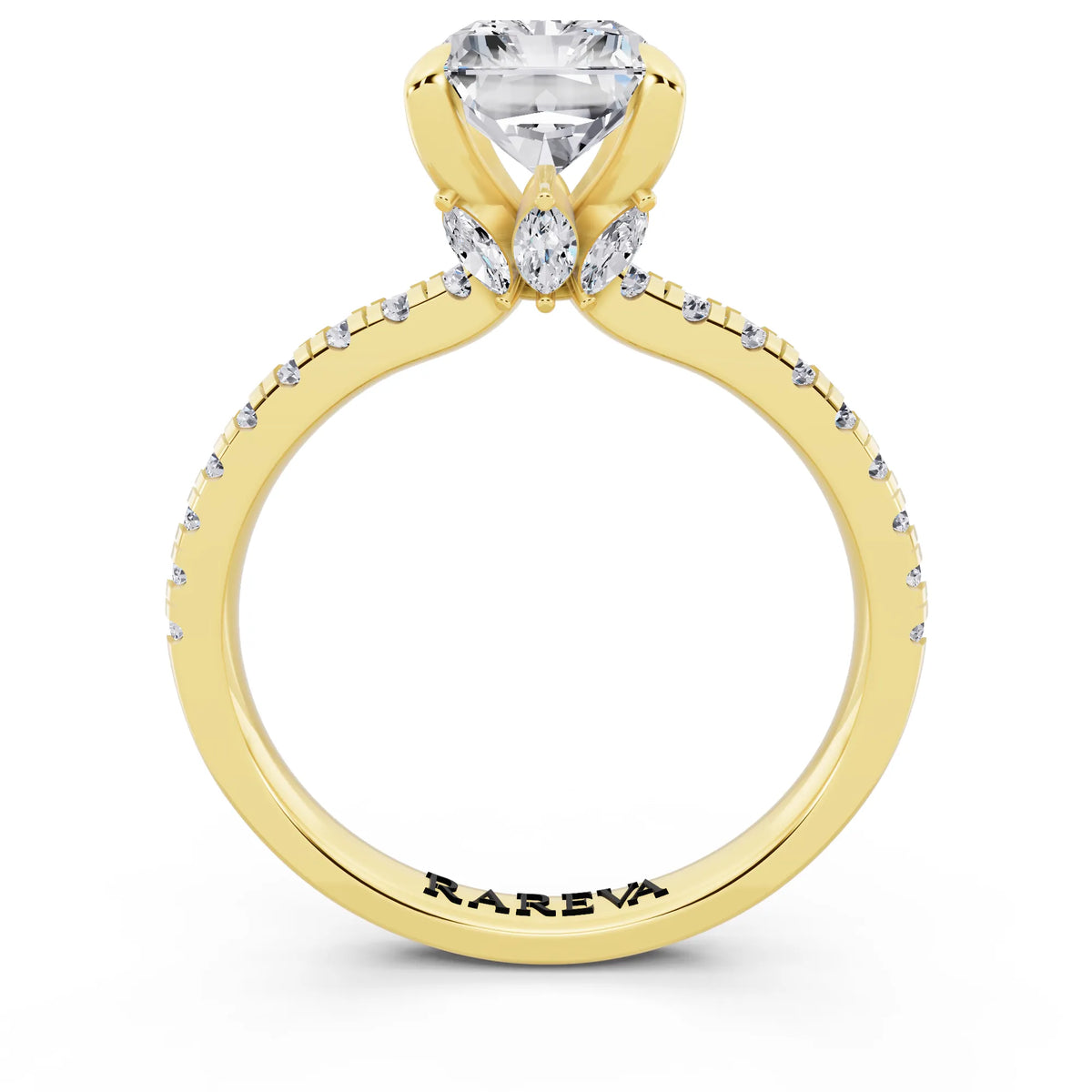 18 KT Yellow Gold Radiant Cut Diamond Solitaire Ring with Marquise Collar - through finger